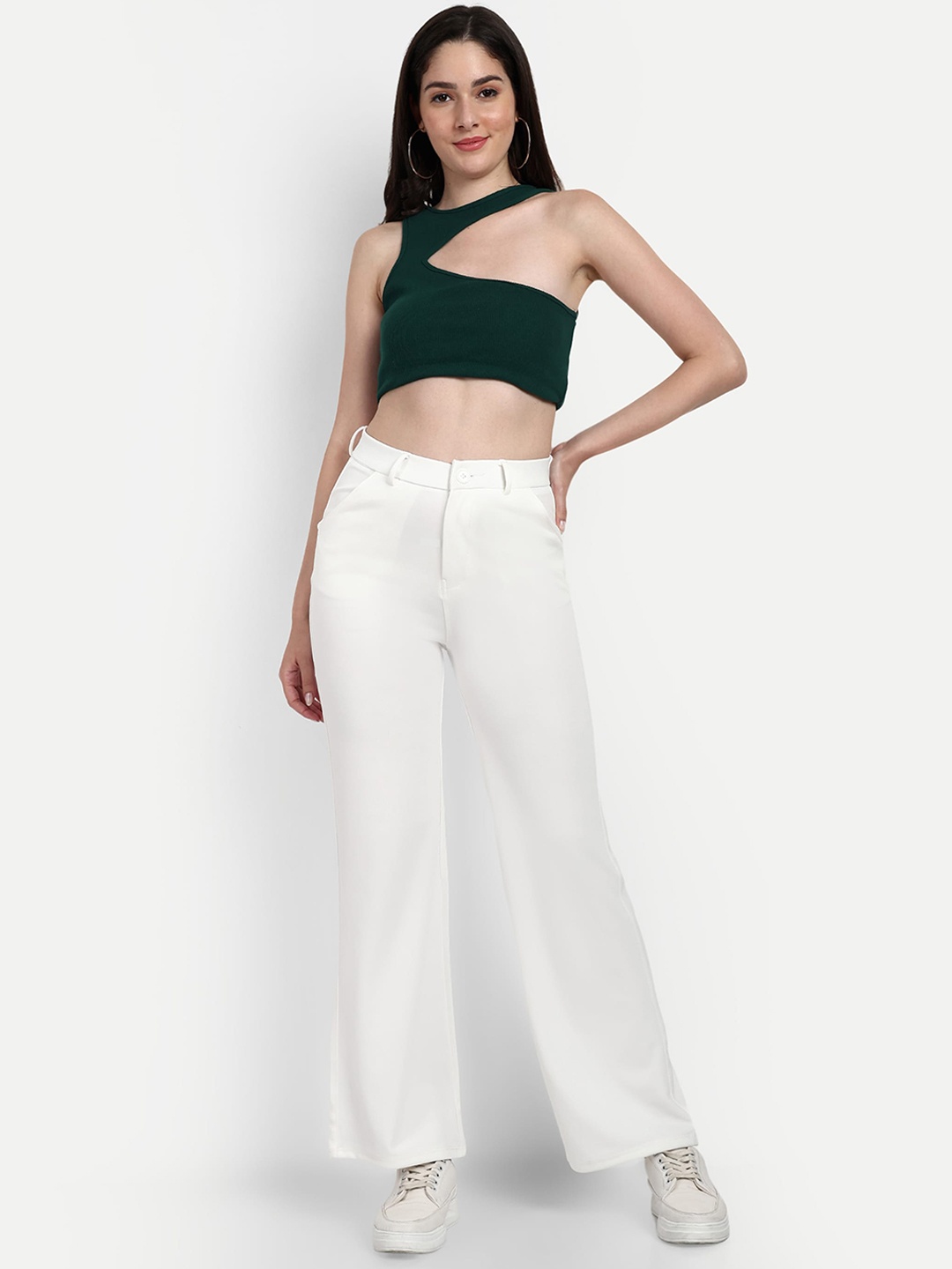 

BROADSTAR Women Smart Wide Leg Loose Fit High-Rise Easy Wash Trousers, White