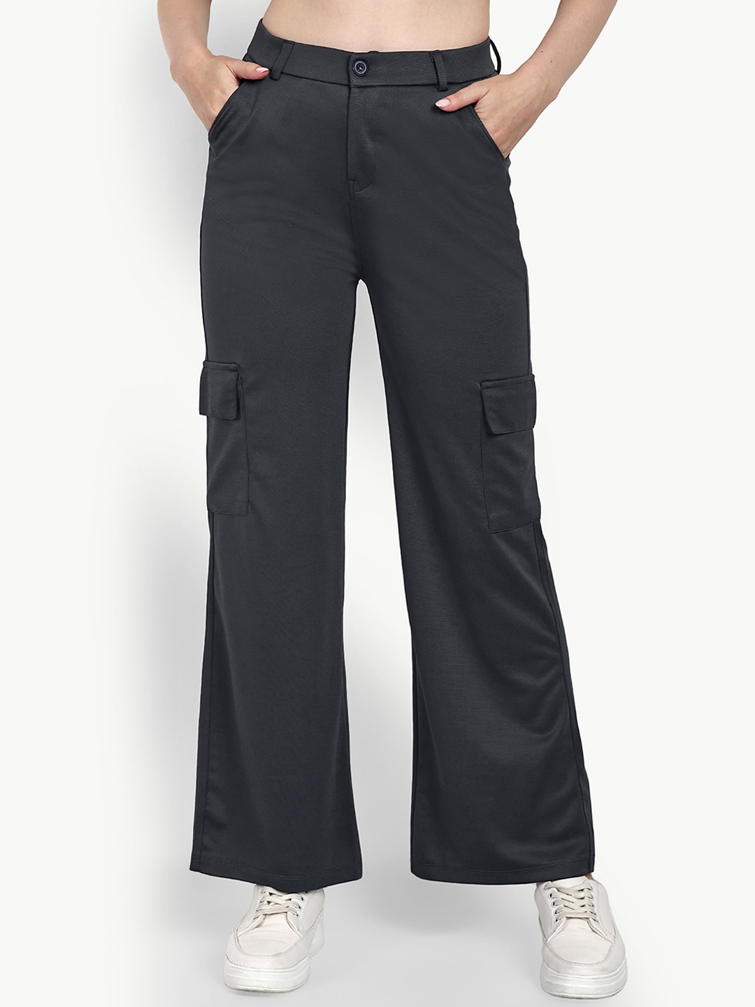

BROADSTAR Women Smart Straight Fit High-Rise Easy Wash Cargo Trousers, Grey