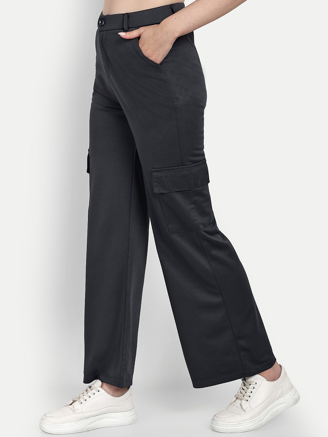 

Next One Women Smart Straight Fit High-Rise Easy Wash Cargos Trousers, Grey