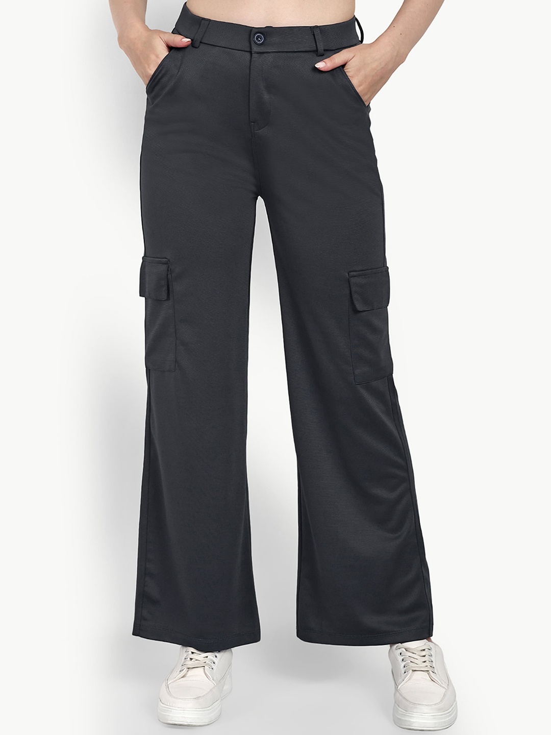 

Next One Women Smart Straight Fit High-Rise Easy Wash Cargos Trousers, Grey