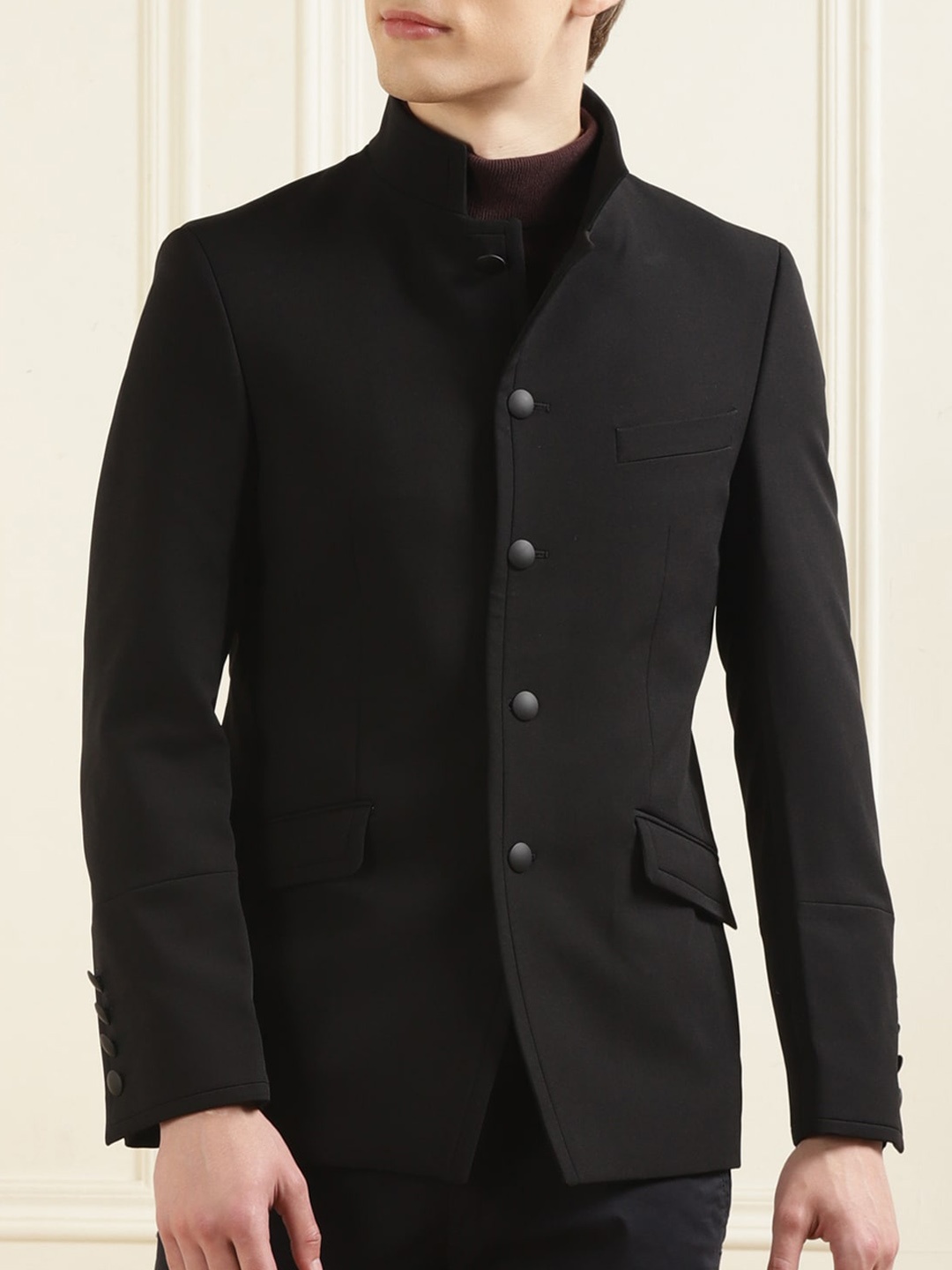 

Karl Lagerfeld Mandarin Collar Single-breasted Formal Blazer, Black