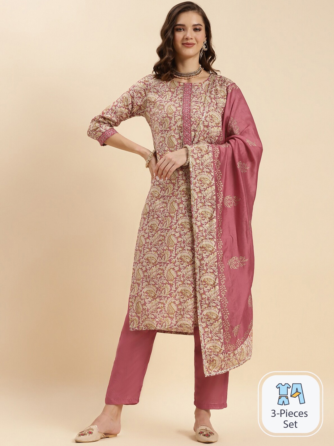 

Rangita Floral Printed Straight Kurta & Trousers With Dupatta, Pink