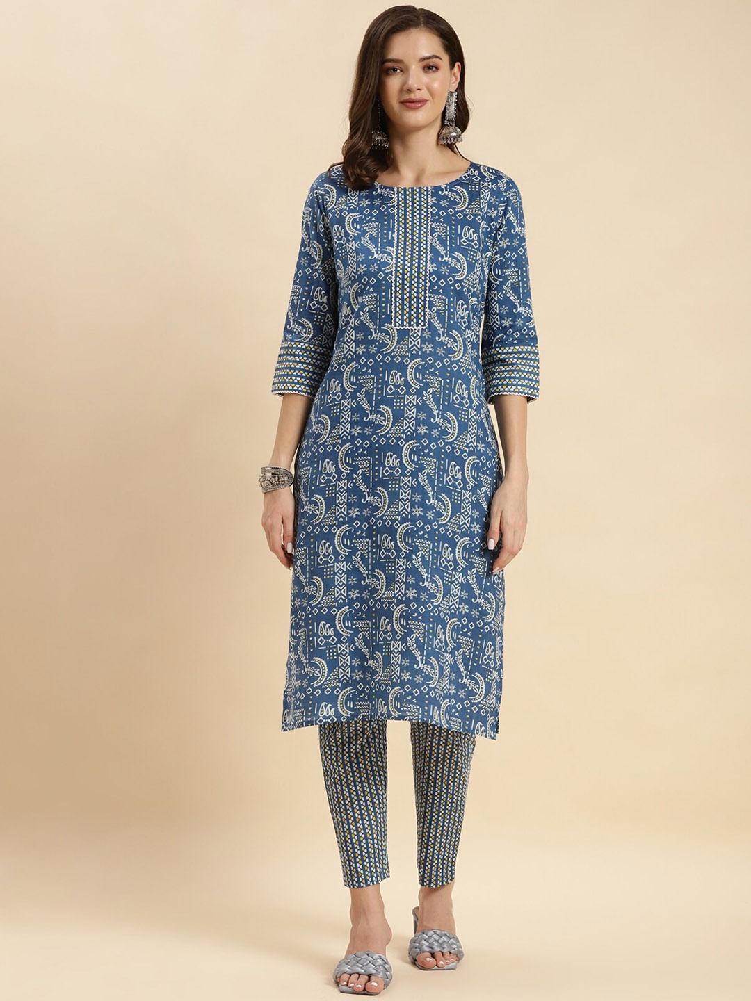 

Rangita Ethnic Motifs Printed Pure Cotton Straight Kurta with Trousers, Navy blue