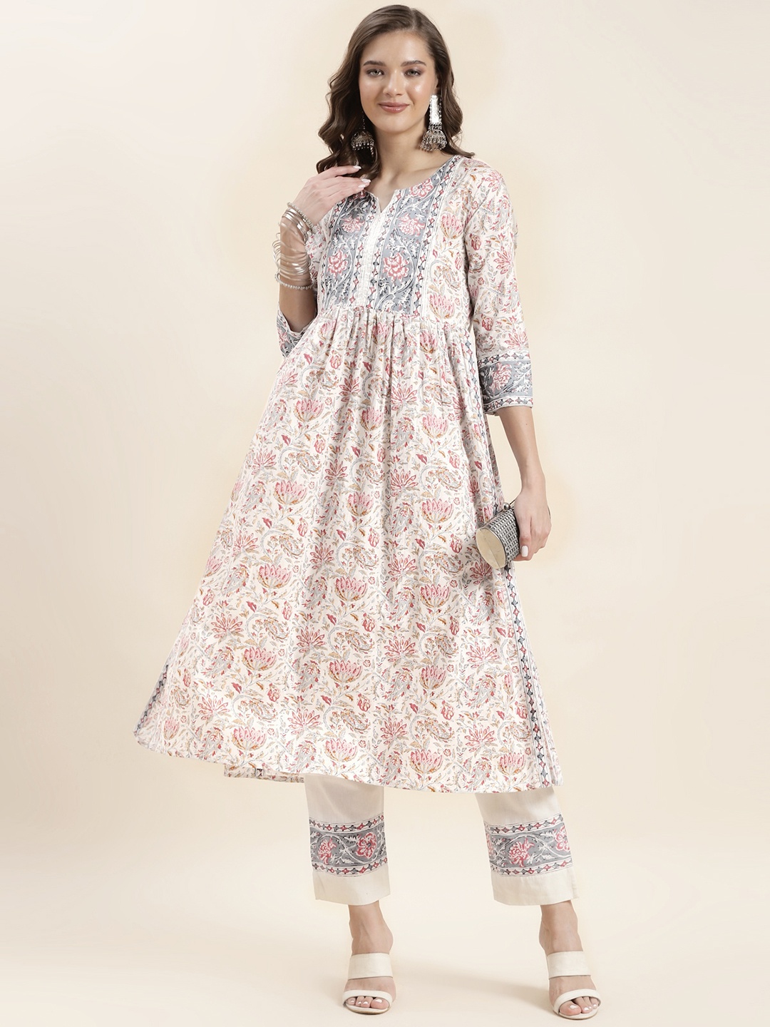 

Rangita Floral Printed Pure Cotton A Line Kurta With Trousers, White