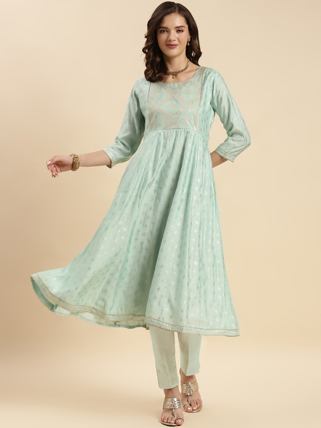 

Rangita Ethnic Motifs Printed Gotta Patti Anarkali Kurta With Trousers, Sea green
