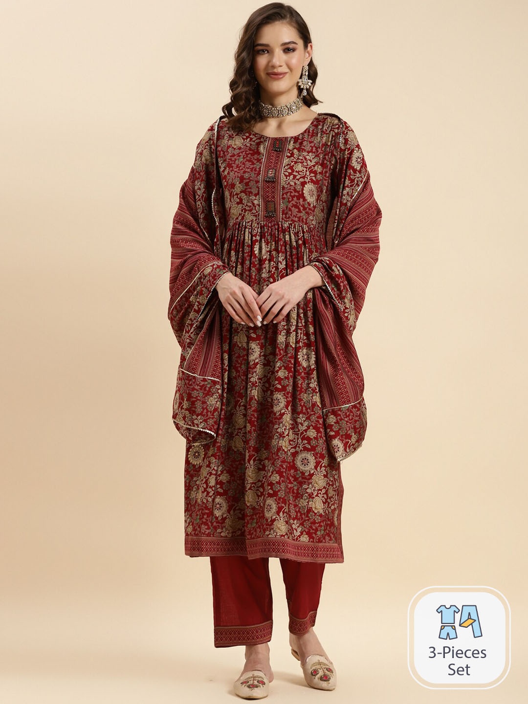 

Rangita Floral Printed A-Line Kurta & Trousers With Dupatta, Maroon