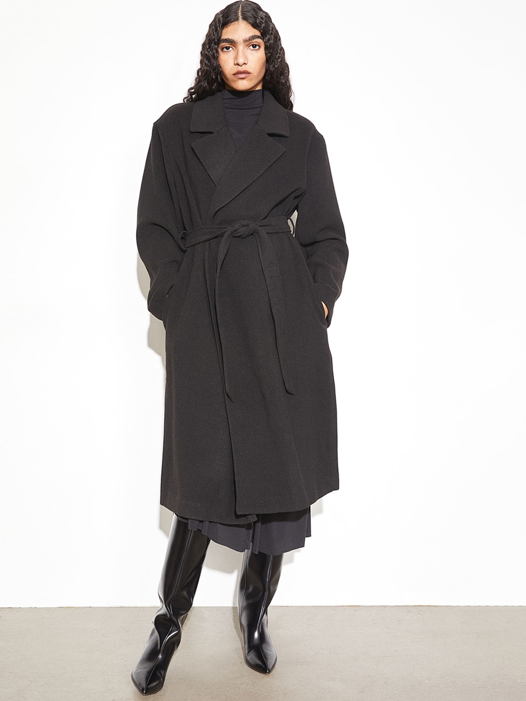 

H&M Tie-Belt Overcoat, Black