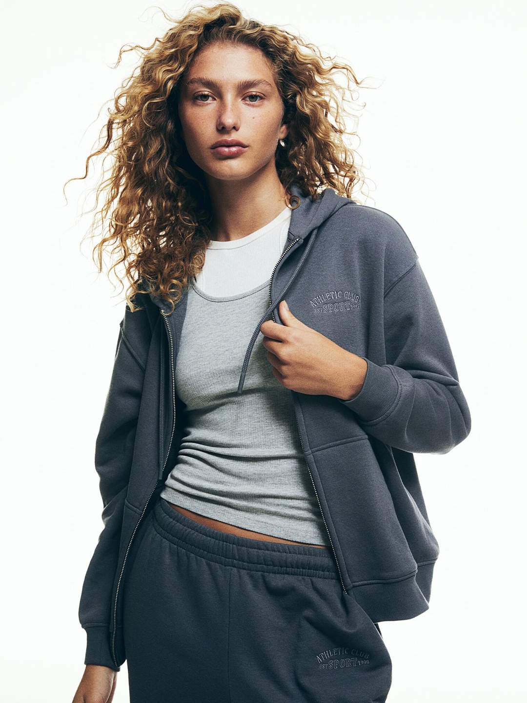 

H&M Embroidered Zip-Through Hoodie, Grey