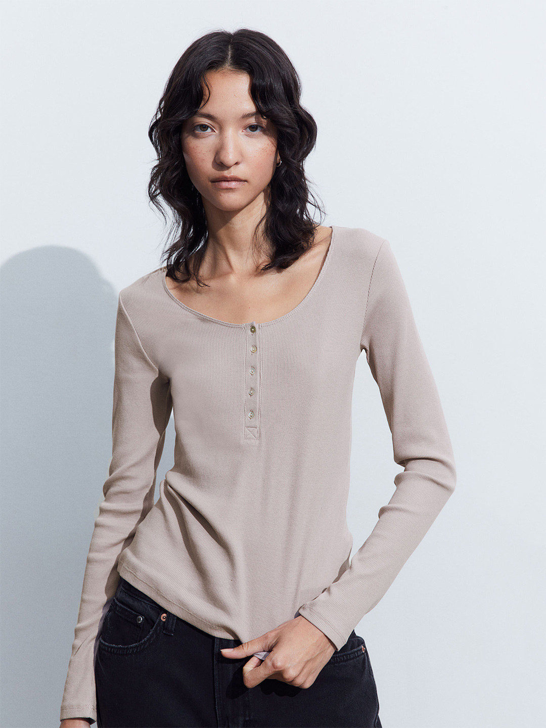 

H&M Ribbed Henley Top, Beige