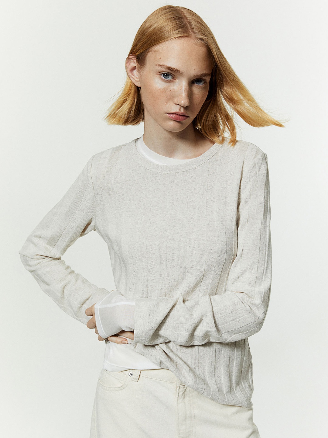 

H&M Rib-Knit Top, Beige