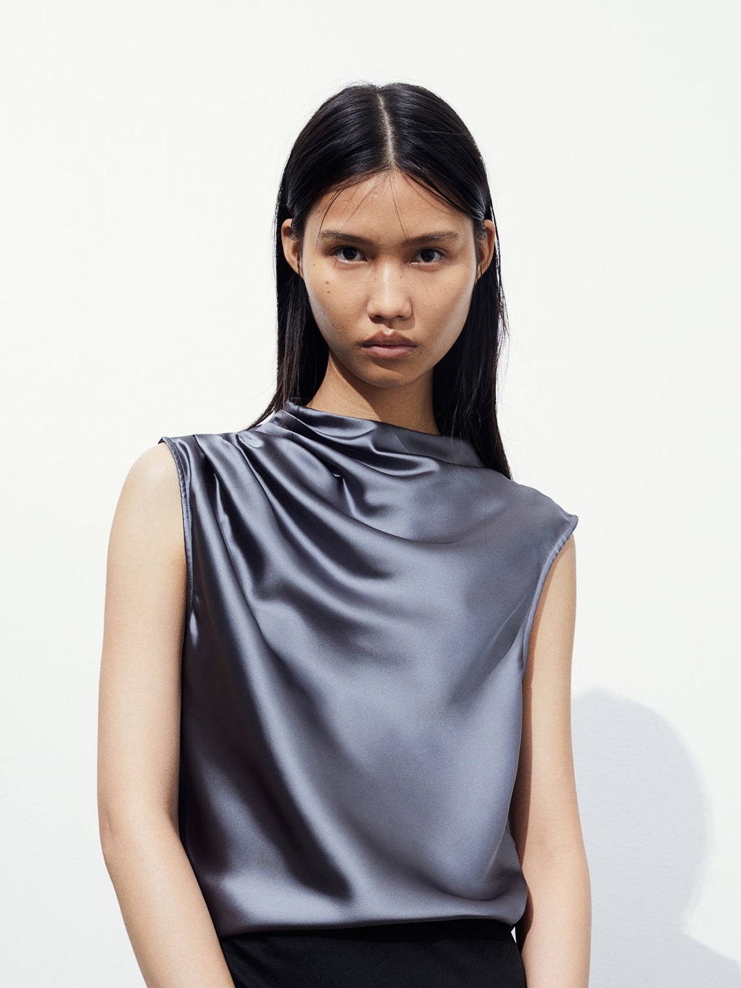 

H&M Draped Satin Blouse, Grey