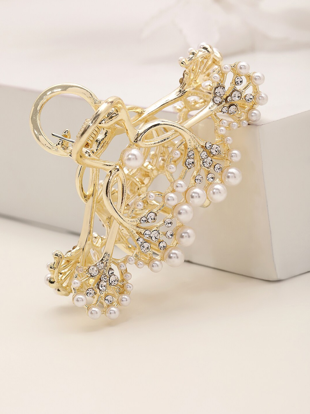 

PANASH Gold Plated Stone & Pearls Studded Claw Clip
