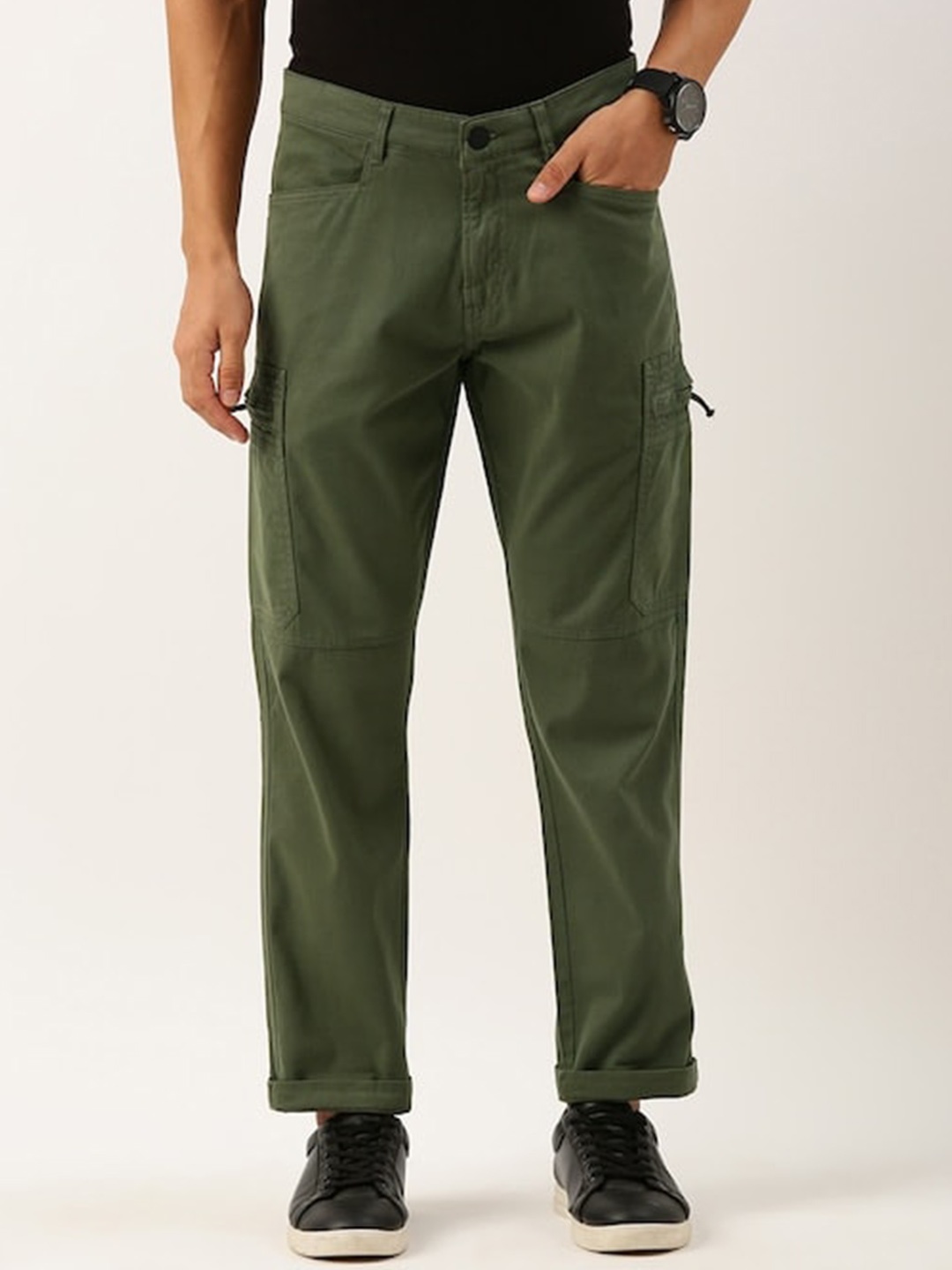 

Bene Kleed Men Slim Fit Mid Rise Cotton Lycra Cargos Trousers, Olive