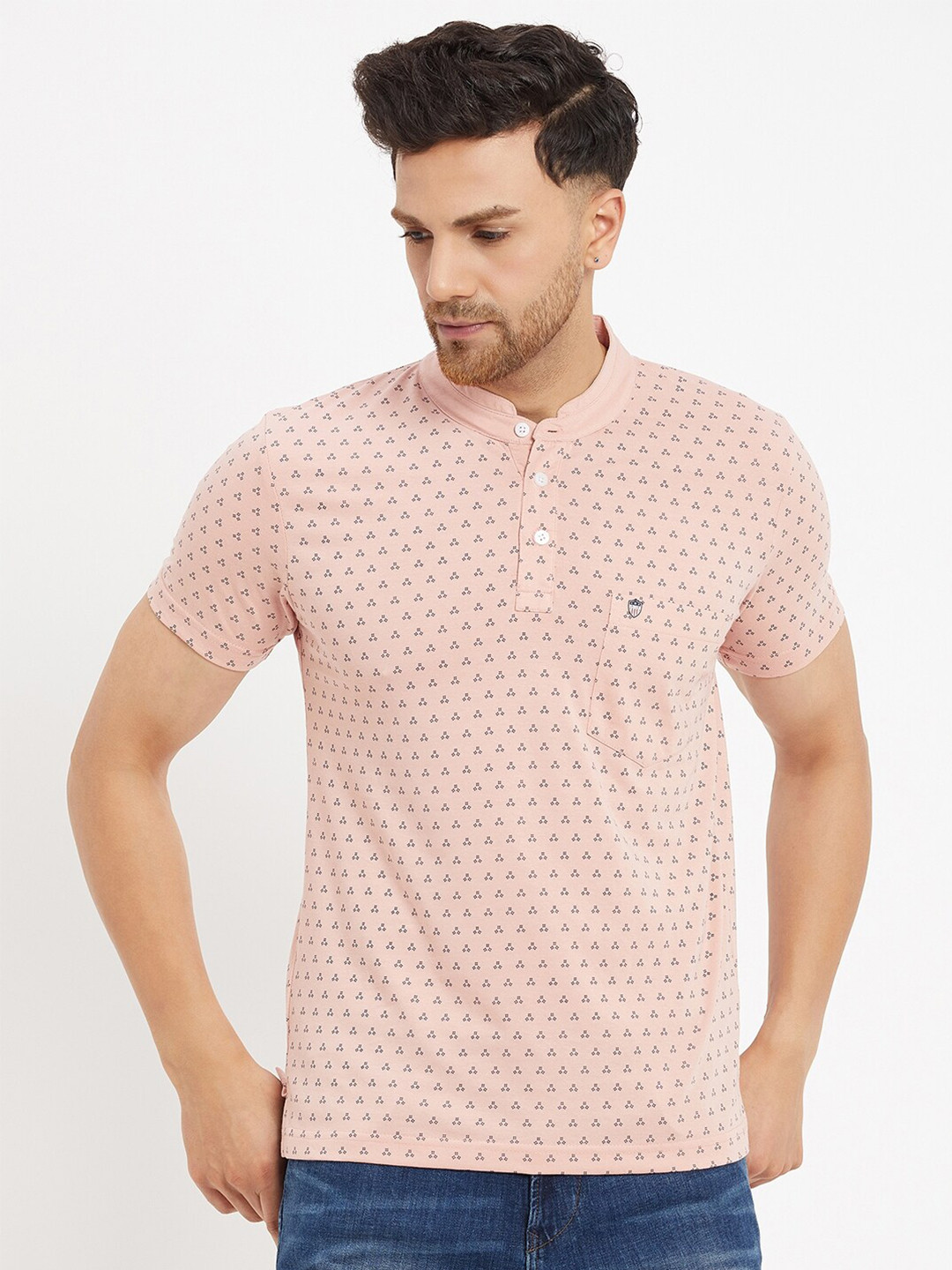 

Duke Mandarin Collar Geometric Printed Slim Fit Cotton T-shirt, Pink
