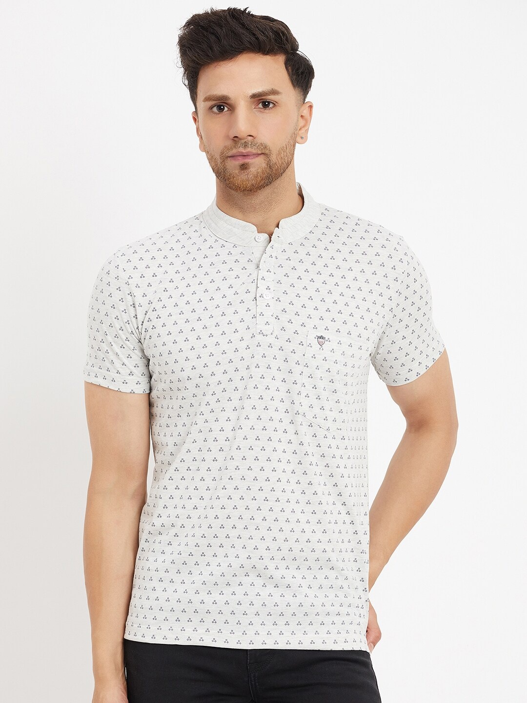 

Duke Geometric Printed Mandarin Collar Cotton T-shirt, Grey