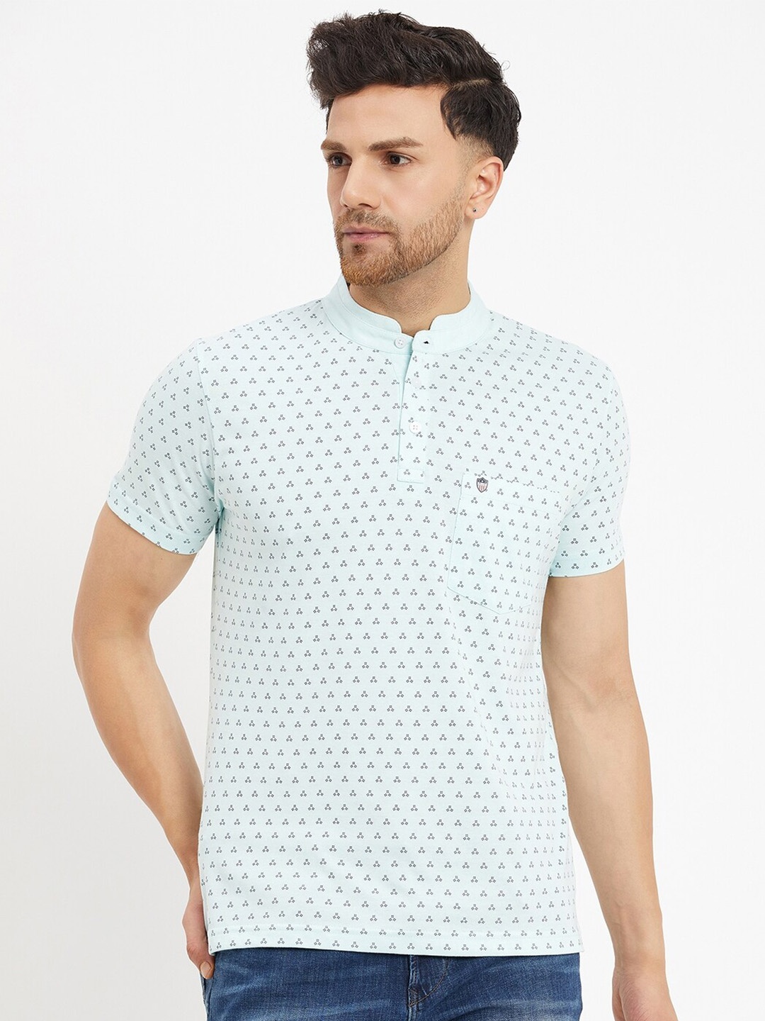 

Duke Mandarin Collar Geometric Printed Slim Fit Cotton T-shirt, Blue