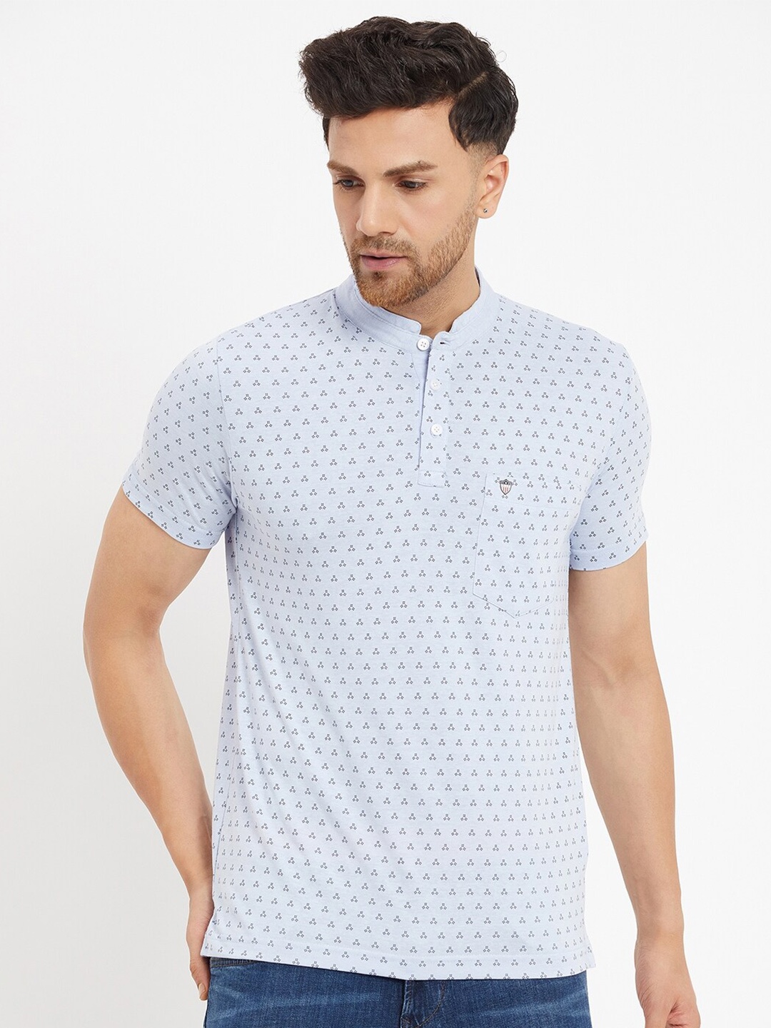 

Duke Mandarin Collar Geometric Printed Slim Fit Cotton T-shirt, Blue