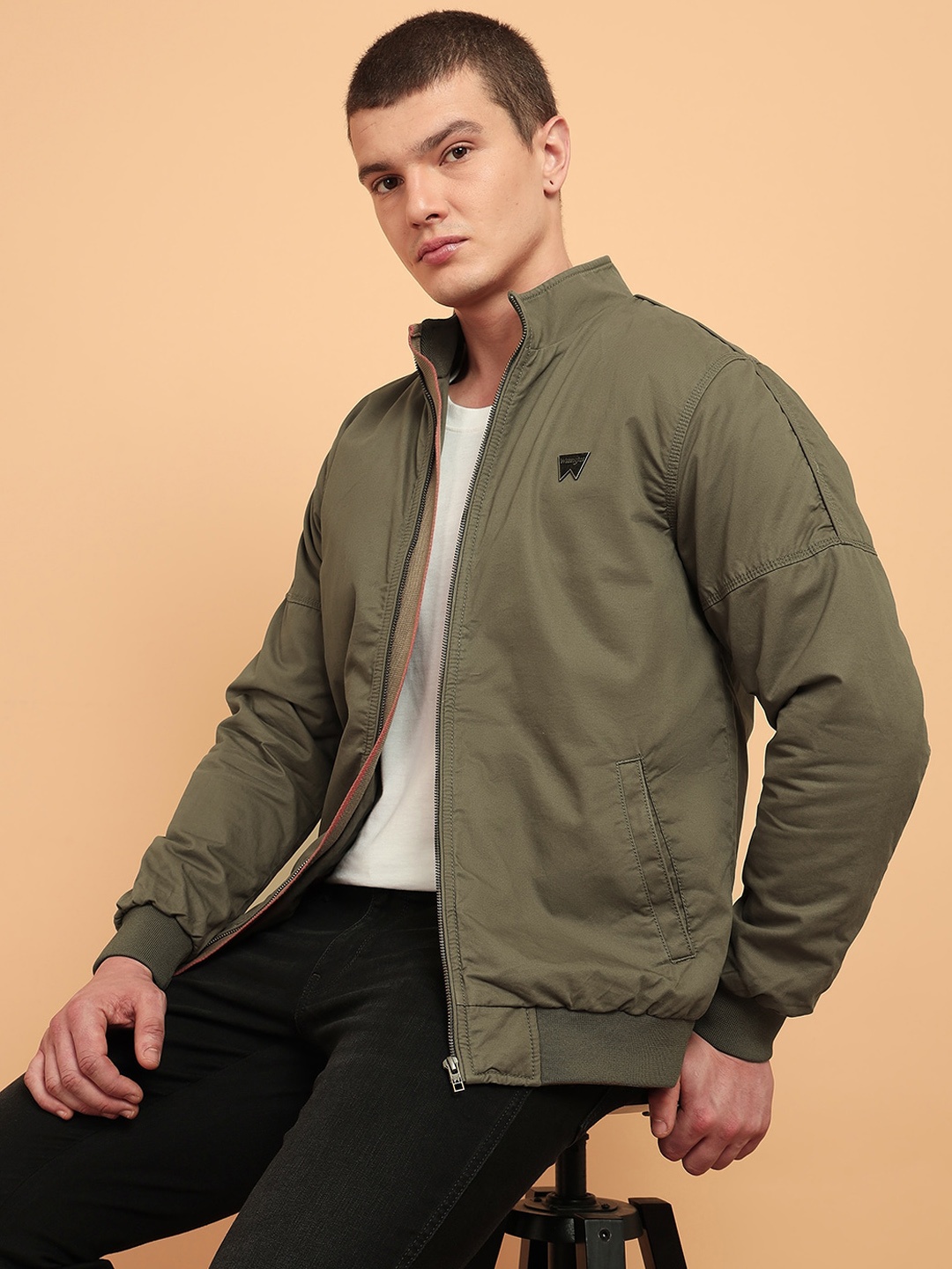 

Wrangler Mock Collar Cotton Bomber Jacket, Green