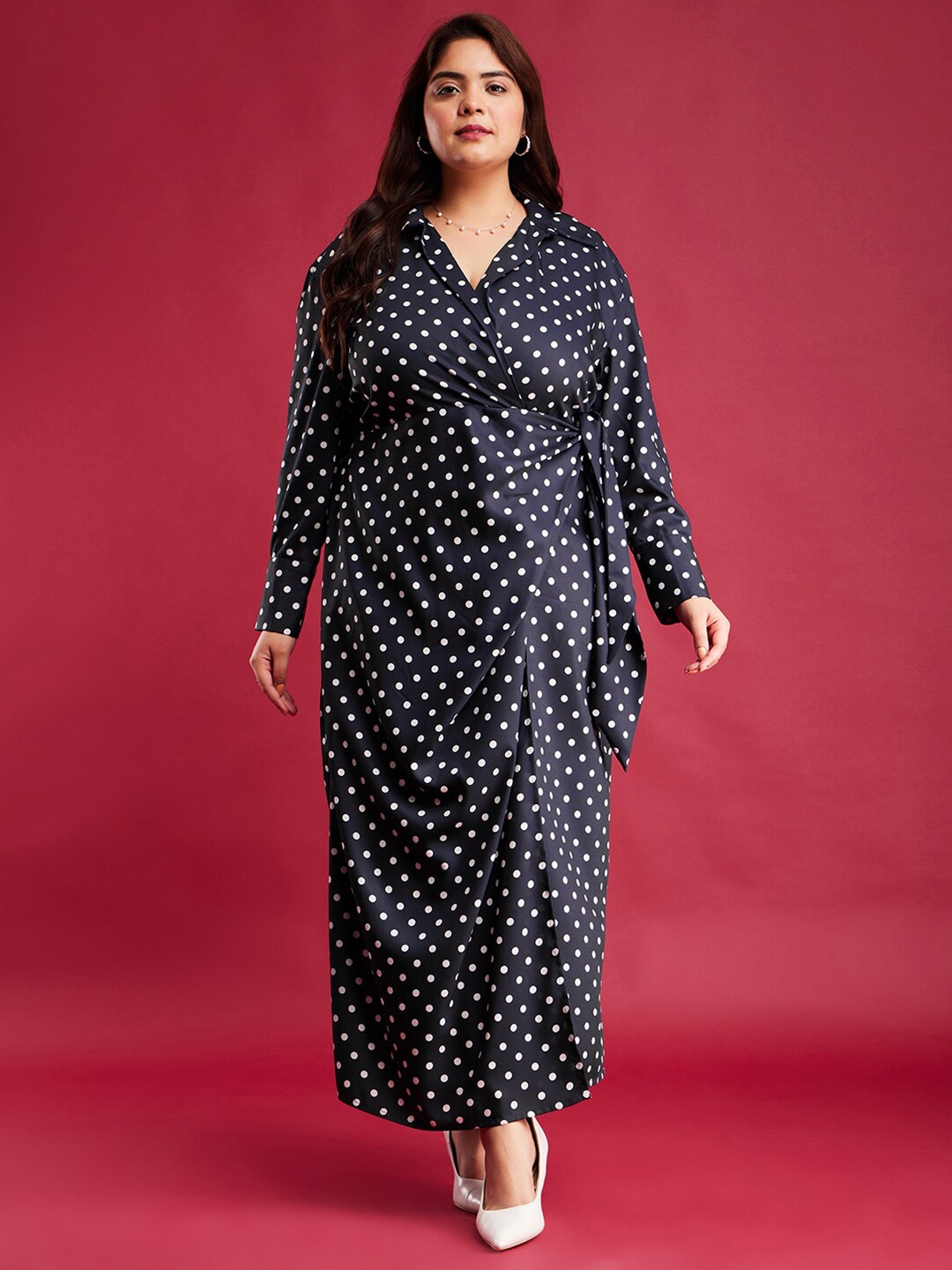 

FableStreet X Plus Size Polka Dot Printed Shirt Collar Maxi Wrap Dress, Navy blue
