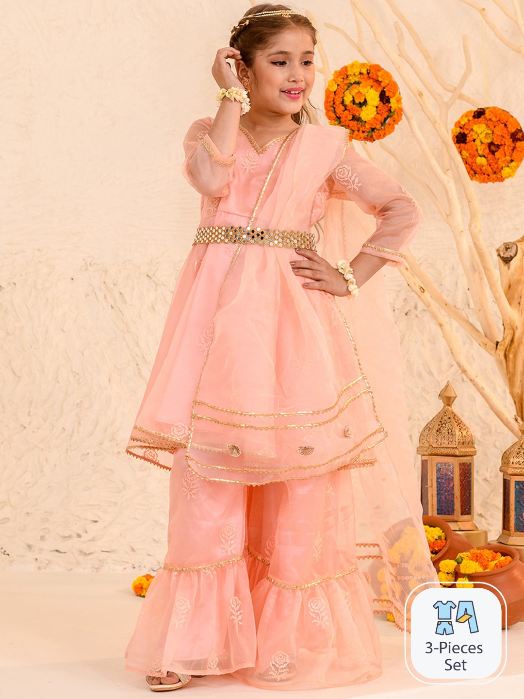 

pspeaches Girls Floral Embroidered Regular Kurta With Sharara & Dupatta, Peach
