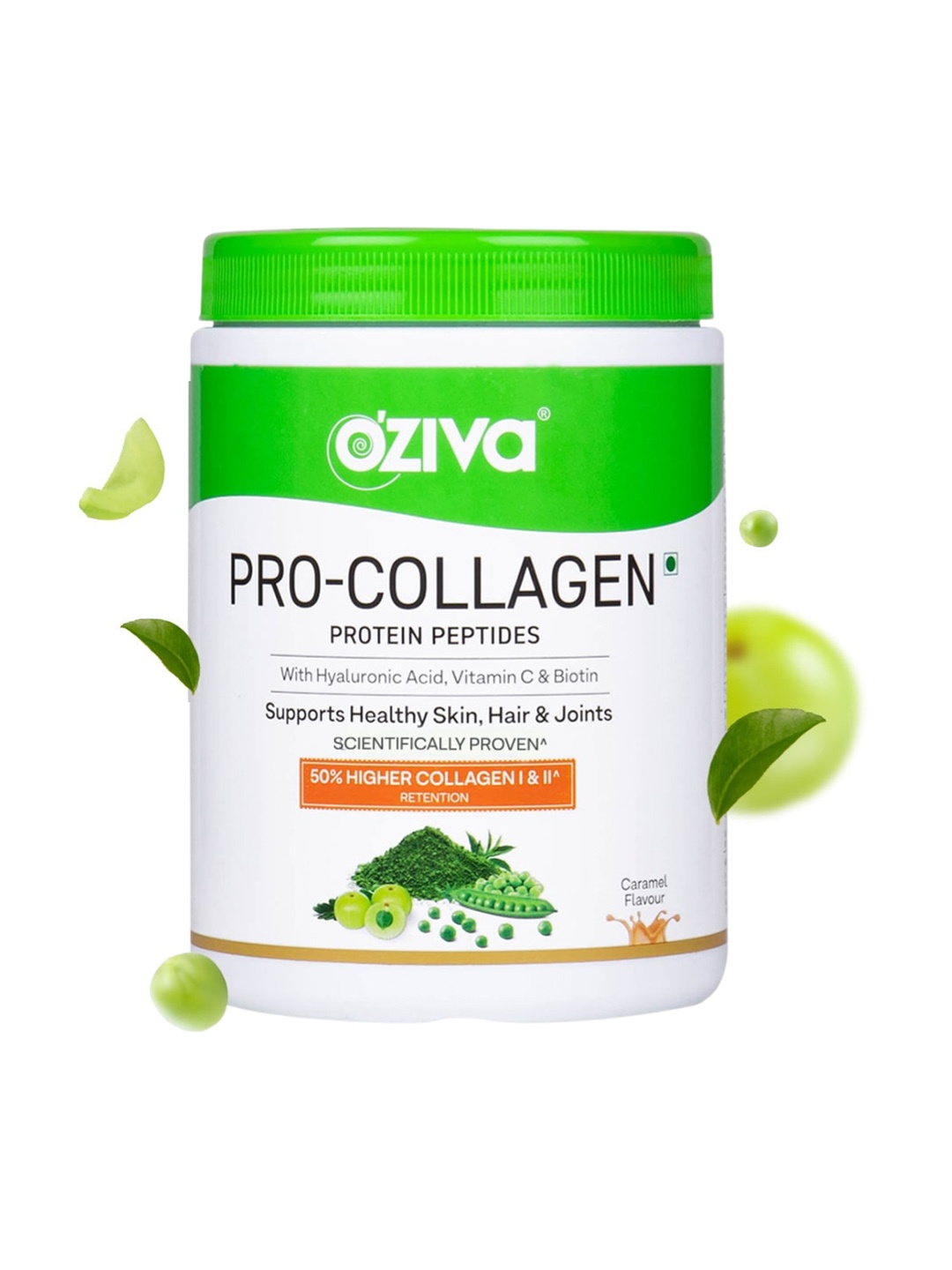 

OZiva Pro Collagen Caramel Flavour Protein Peptides with Hyaluronic Acid & Biotin - 250 g, Green