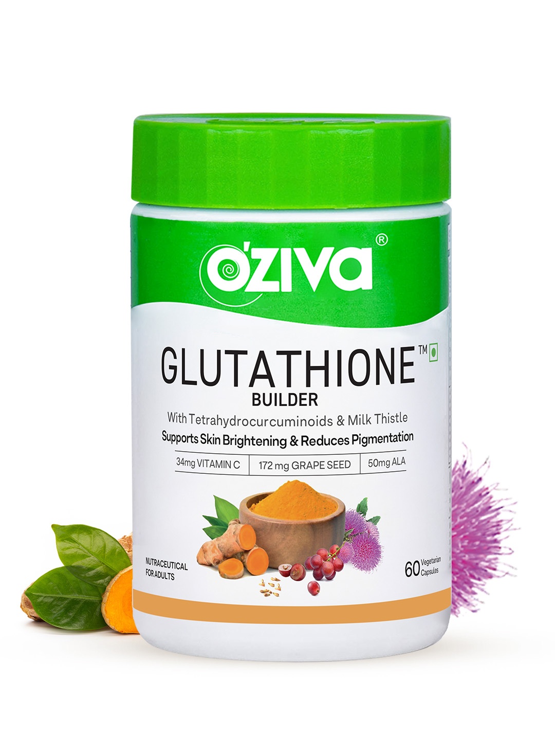 

OZiva Glutathione Builder Vegetarian Tablets with Grapeseed - 60 Capsules, Green