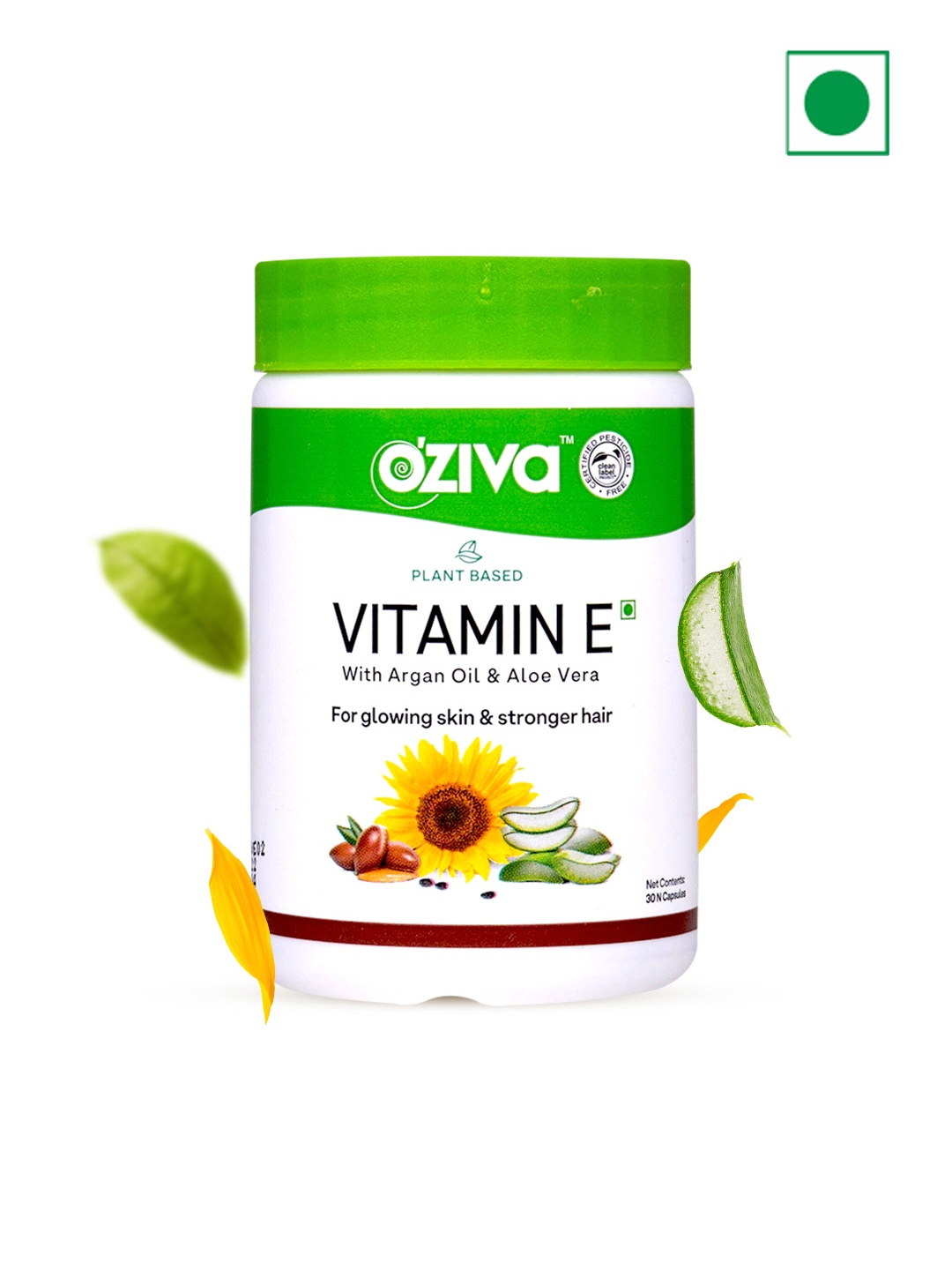 

OZiva Plant Based Vitamin E Capsules with Argan Oil & Aloe Vera - 30 Capsules, Green
