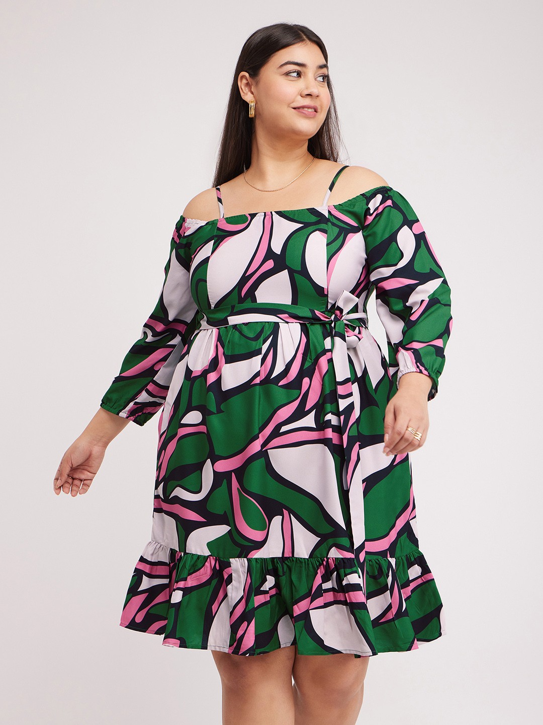 

FableStreet X Plus Size Floral Printed Belted Smocked Flounce Off-Shoulder A-Line Dress, Green