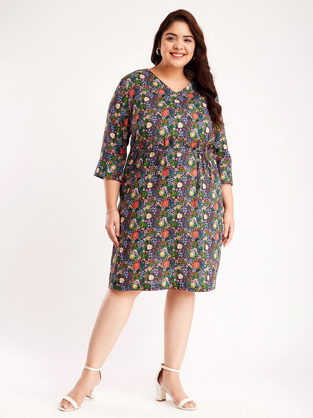 

FableStreet X Floral Printed A-Line Dress, Black