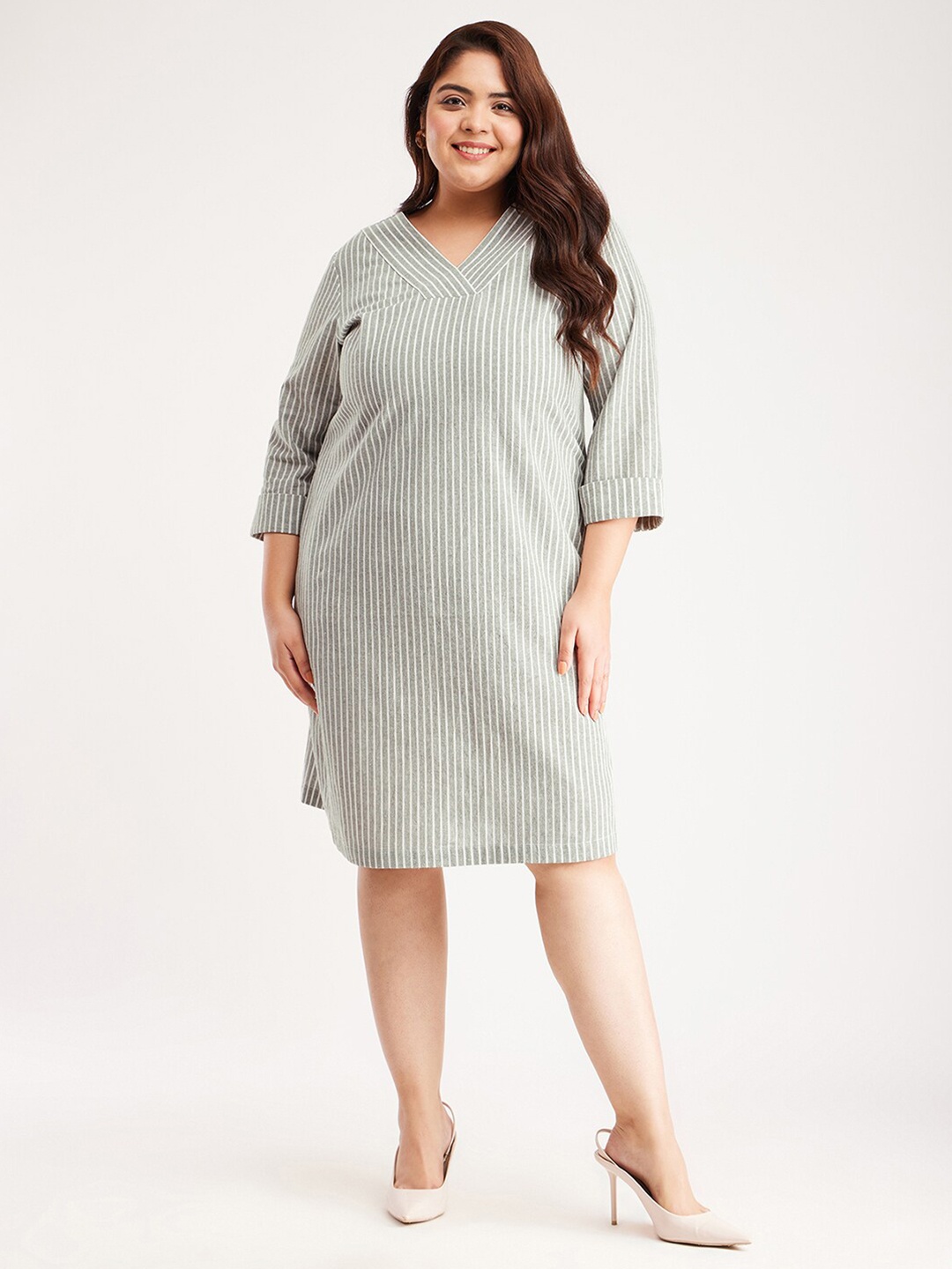 

FableStreet X Striped V-Neck A-Line Dress, Olive