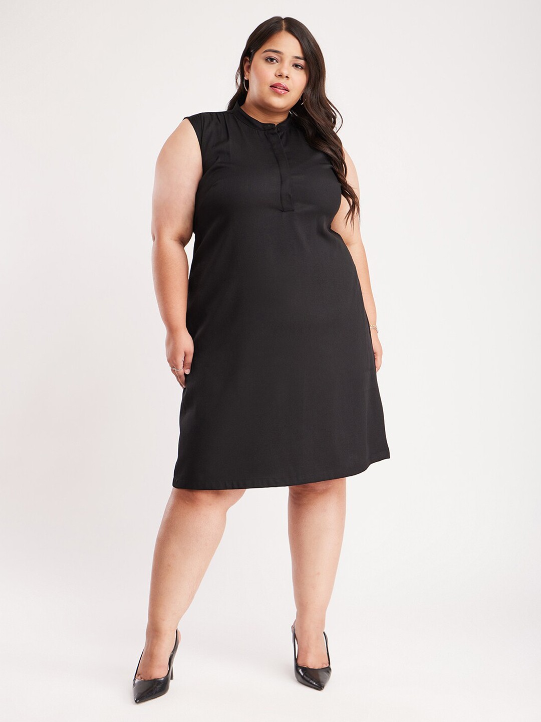 

FableStreet X Plus Size Band Collar Sleeveless A-Line Dress, Black