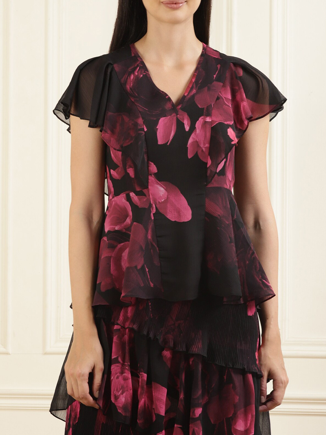 

Ted Baker Floral Printed V-Neck Flared Sleeves Top, Black
