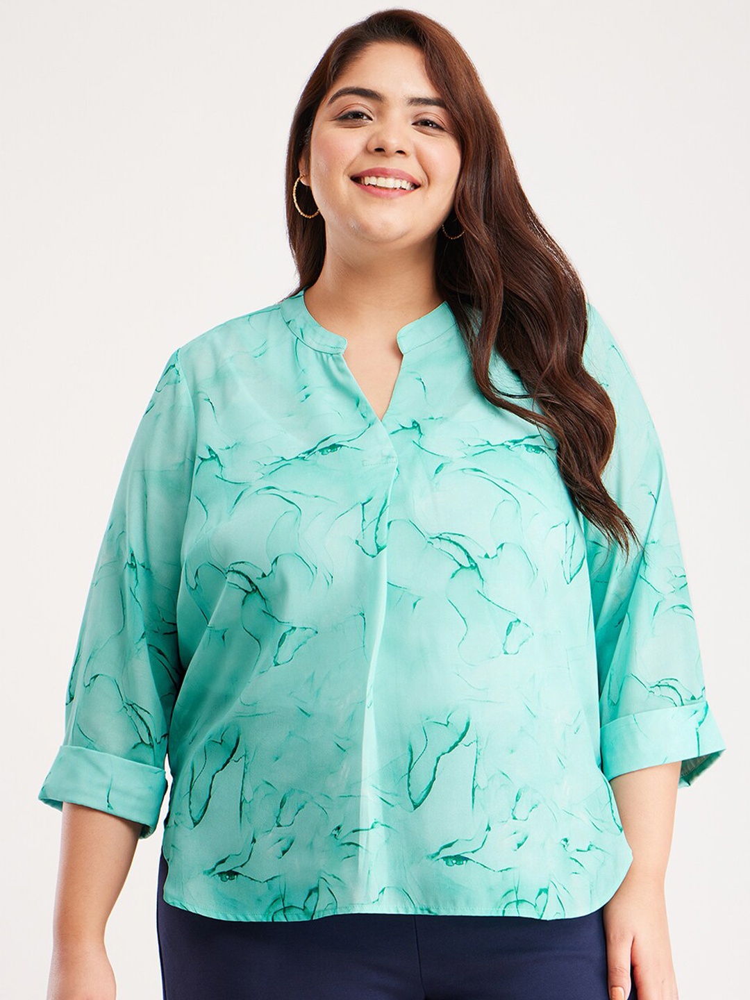 

FableStreet X Plus Size Printed Shirt Style Top, Green