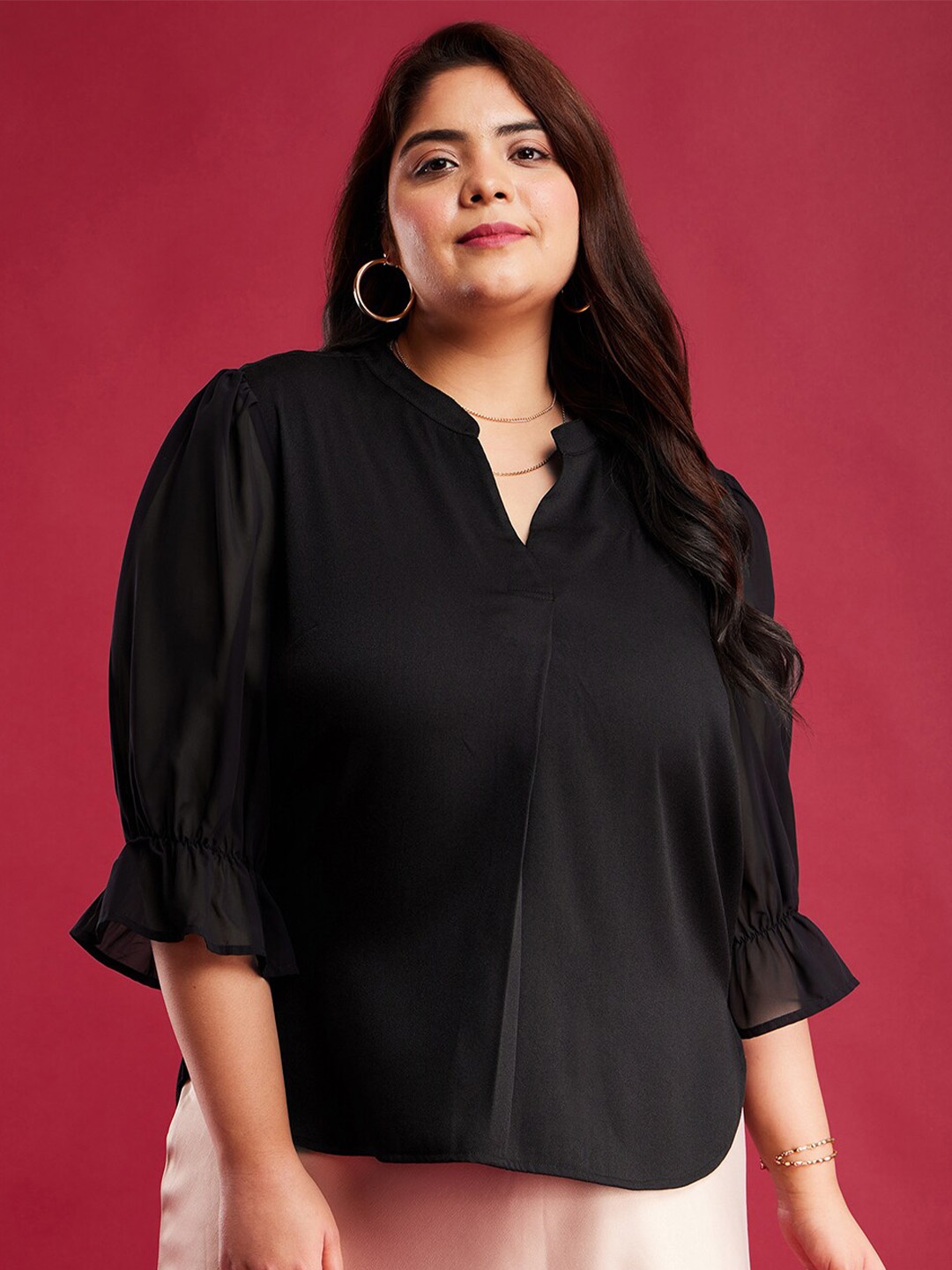 

FableStreet X Plus Size Mandarin Collar Bell Sleeve Shirt Style Top, Black