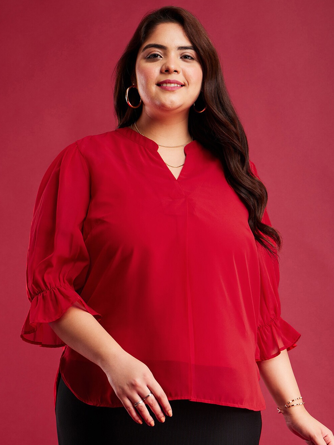 

FableStreet X Plus Size Mandarin Collar Bell Sleeve Georgette Top, Red