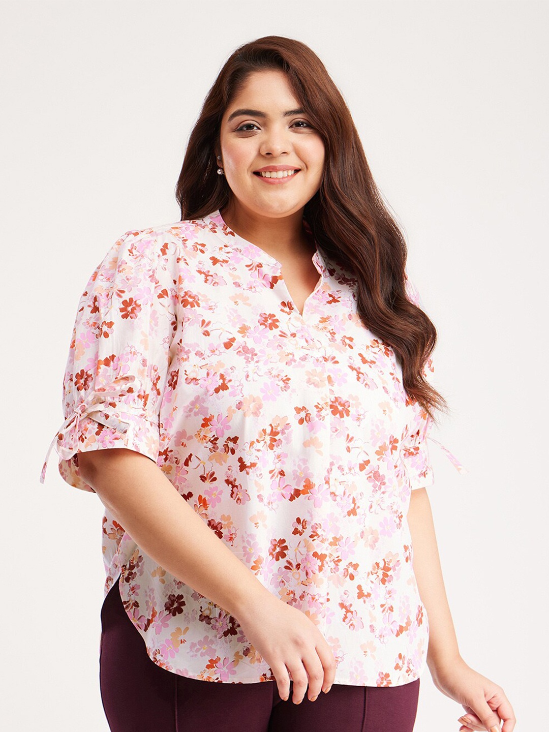 

FableStreet X Plus Size Floral Print Mandarin Collar Cotton Shirt Style Top, White