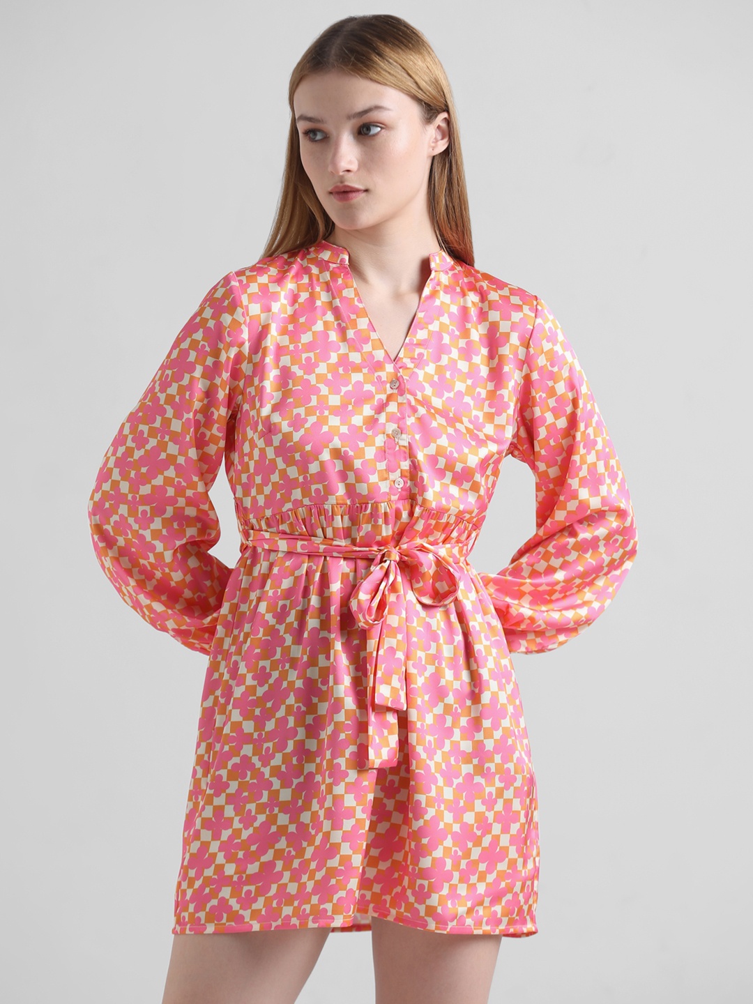 

ONLY Onlsilica LS Floral Printed Puff Sleeves Mandarin Collar Belted A-Line Mini Dress, Pink