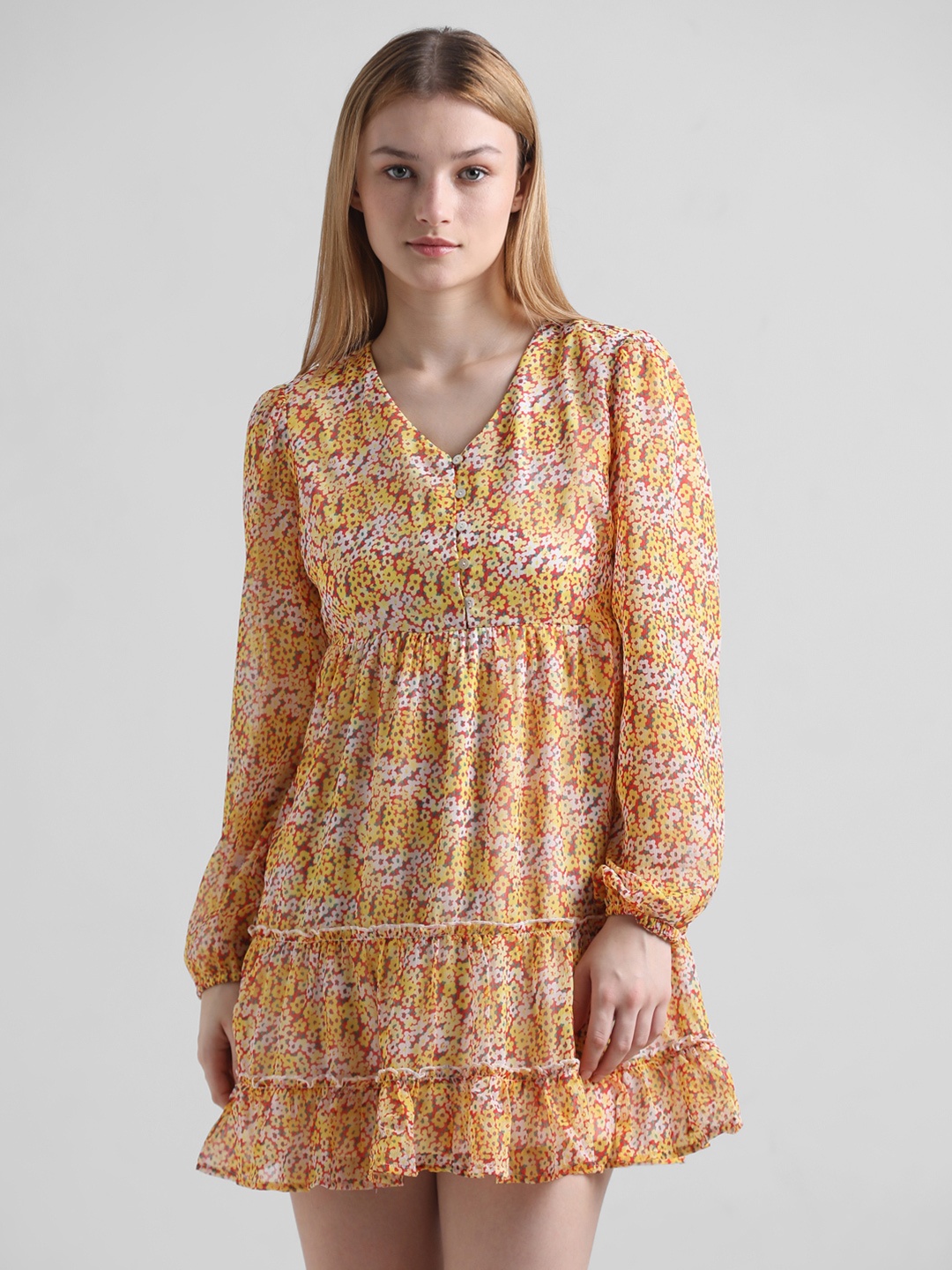 ONLY Onlrose LS Floral Printed Puff Sleeves V-Neck Tiered Mini Fit & Flare Dress, Yellow