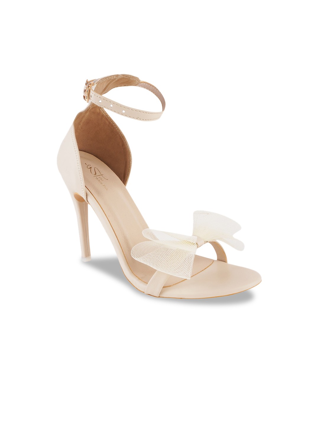 

THE WHITE POLE Open Toe Stiletto Heels With Bows & Ankle Loop, Cream