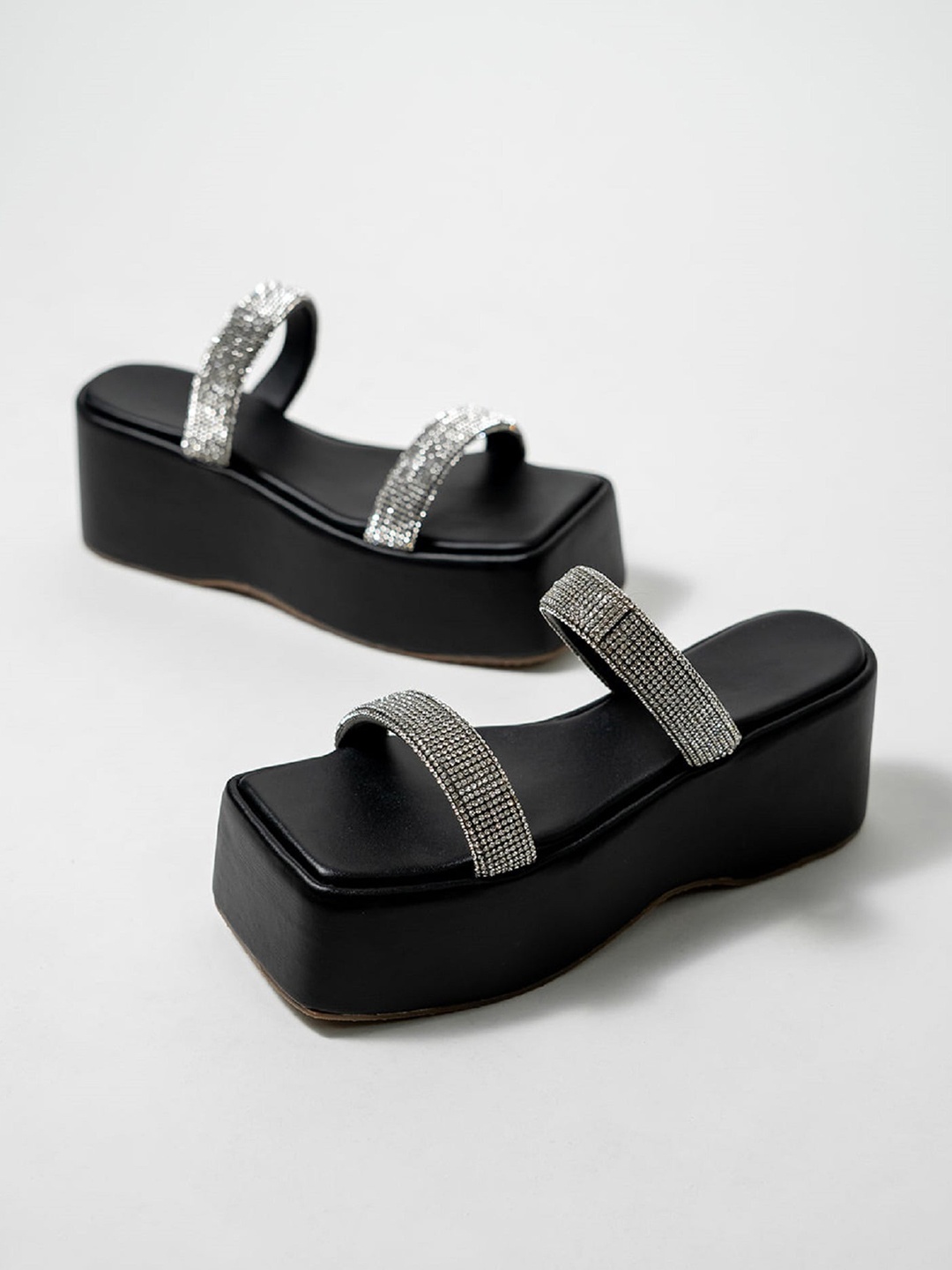 

THE WHITE POLE Embellished Two Strap Flatform Heels, Black