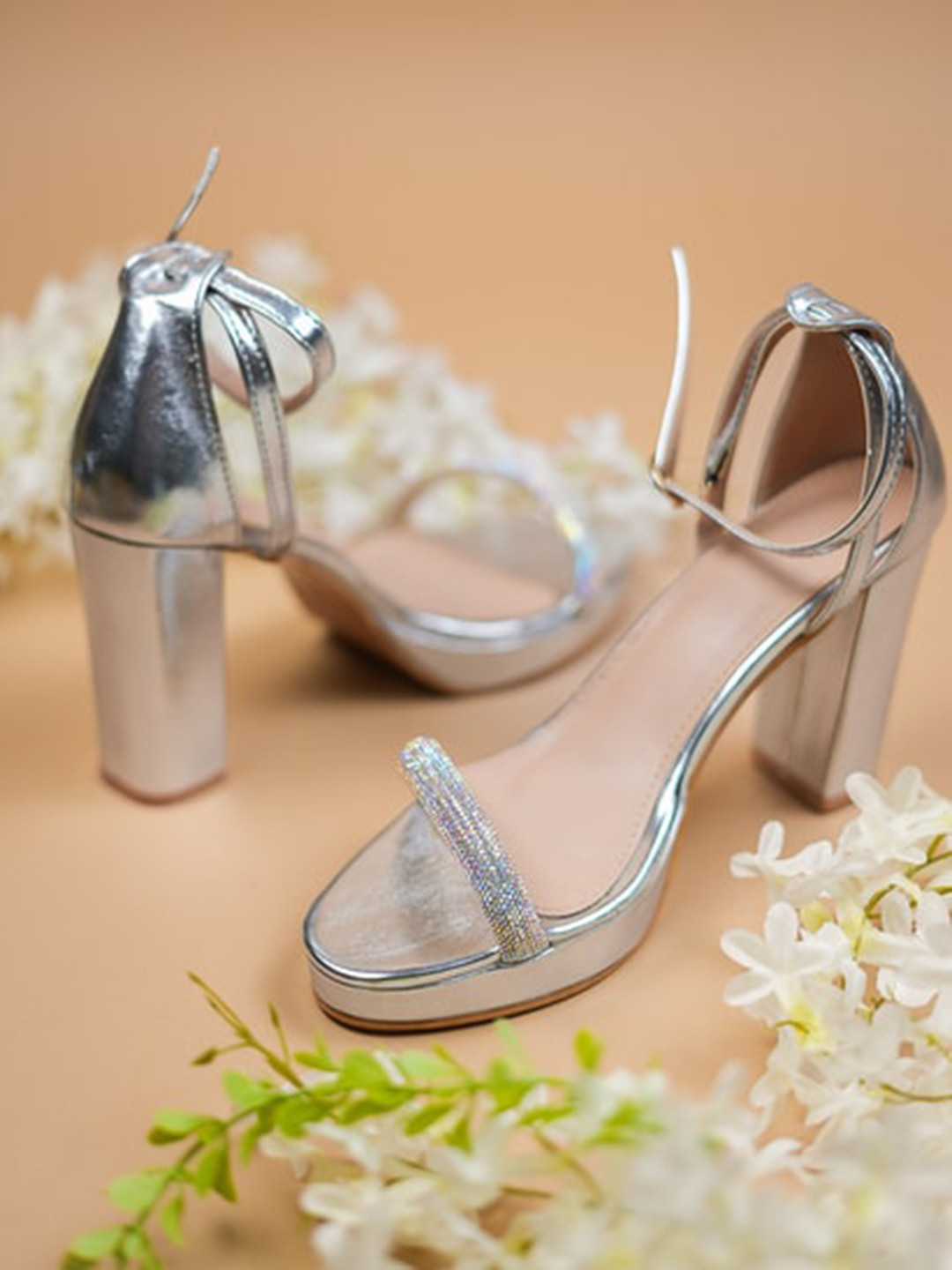 

THE WHITE POLE Embellished Block Heels, Silver