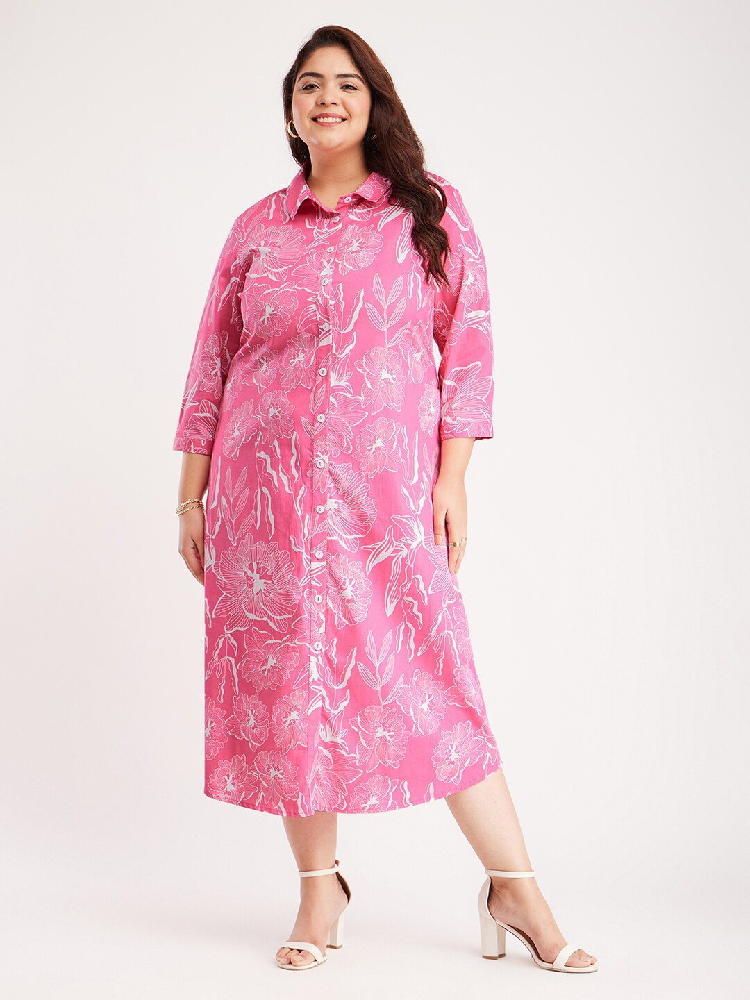 

FableStreet X Plus Size Floral Printed Shirt Midi Dress, Pink