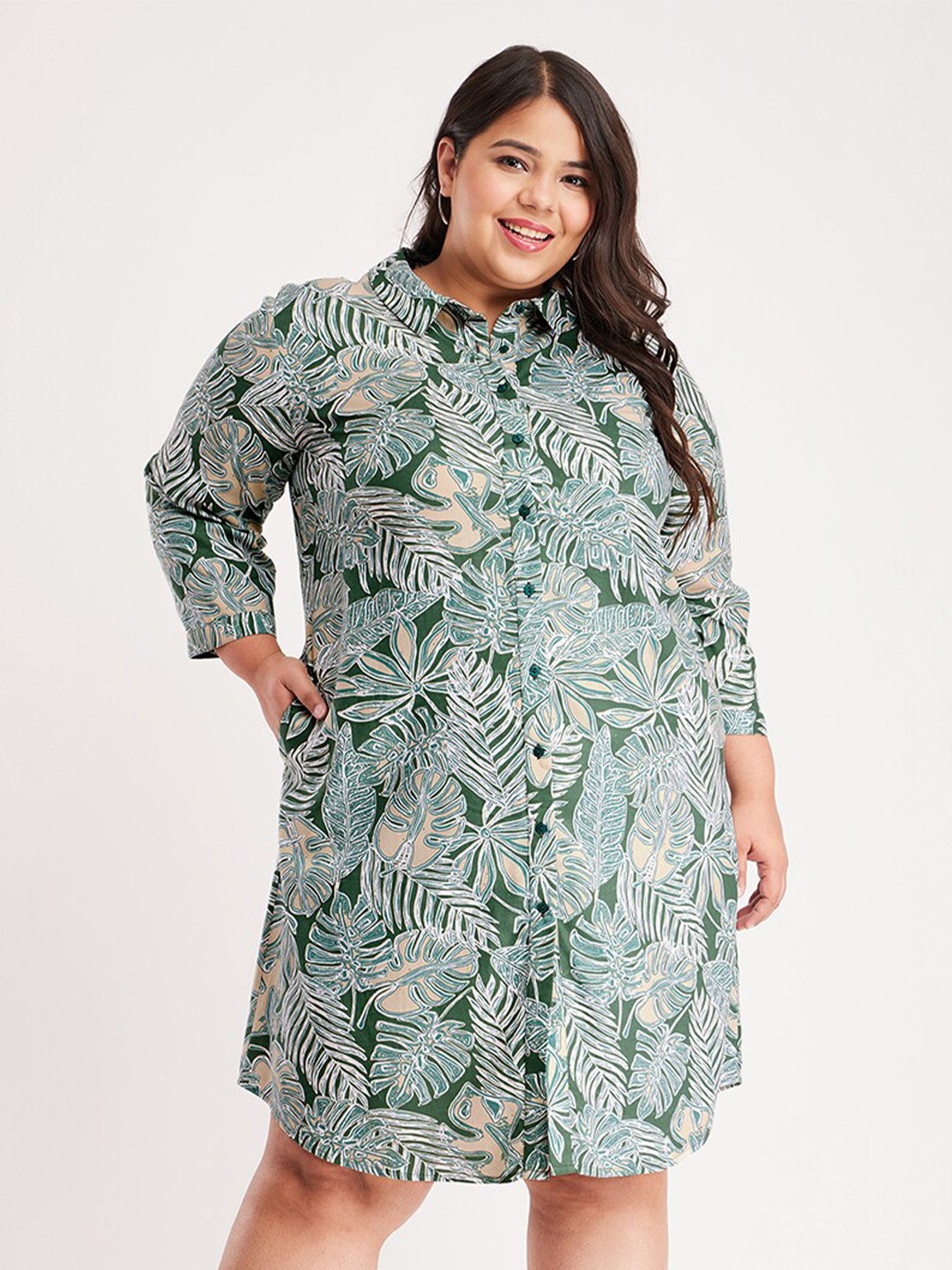 

FableStreet X Plus Size Floral Printed Shirt Dress, Green