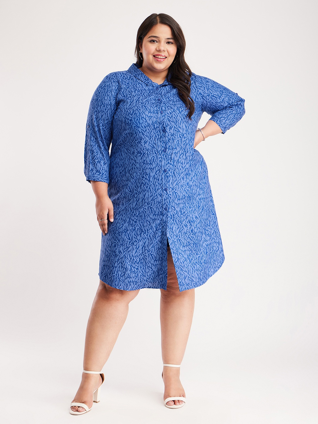 

FableStreet X Plus Size Abstract Printed Shirt Dress, Blue