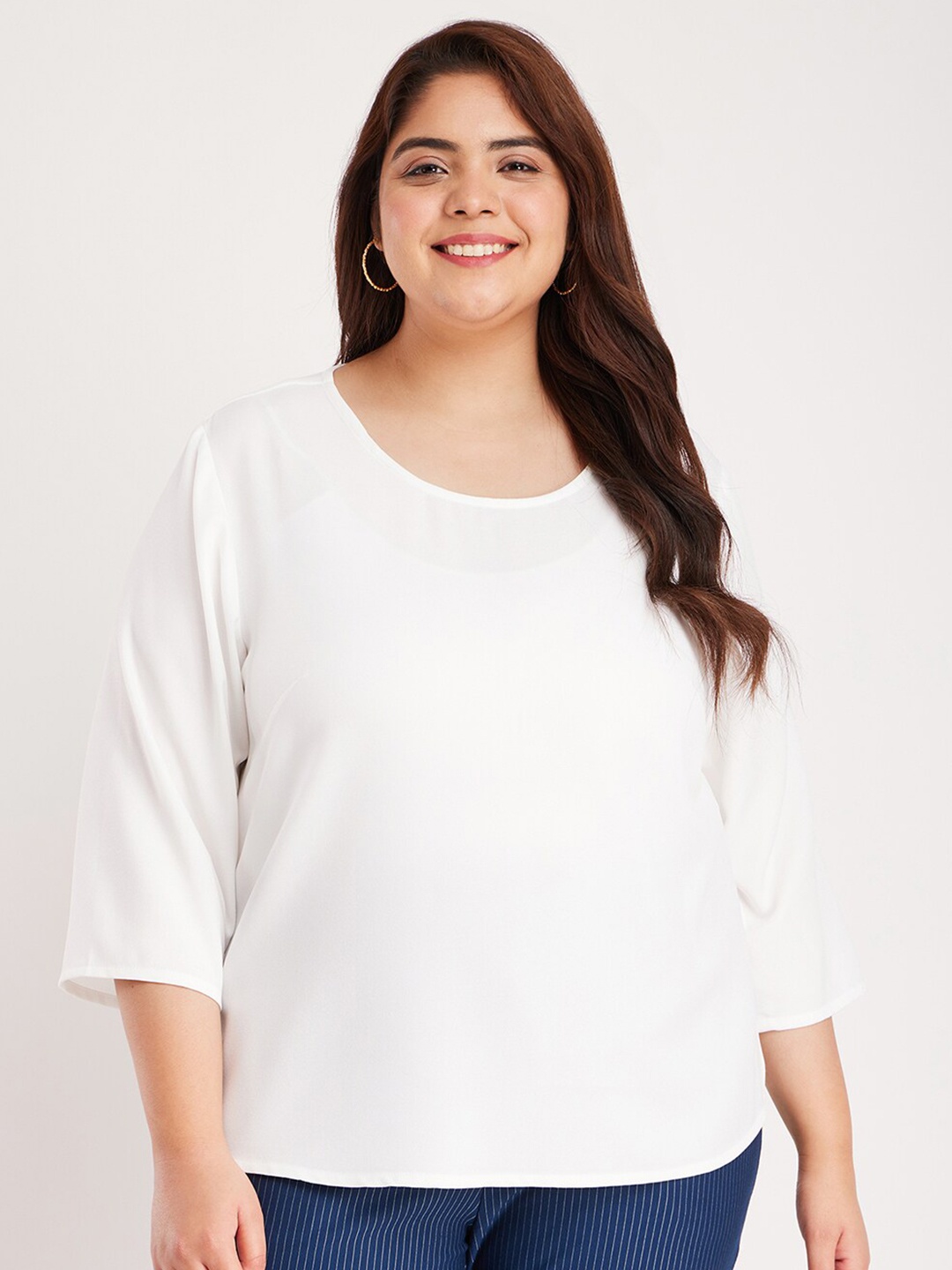 

FableStreet X Plus Size Round Neck Three-Quarter Sleeves Top, White