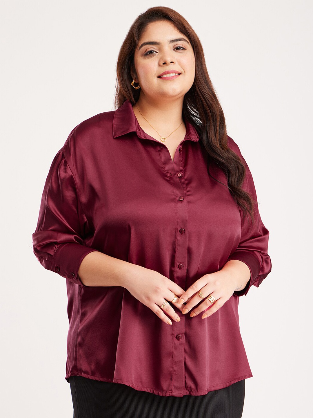 

FableStreet X Plus Size Classic Boxy Drop Shoulder Sleeves Satin Casual Shirt, Maroon