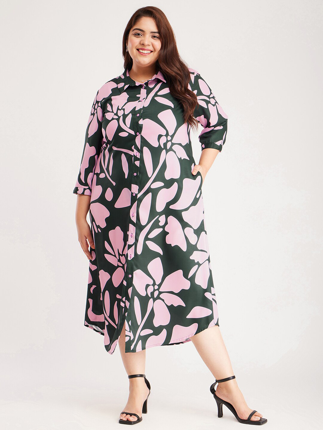 

FableStreet X Plus Size Floral Printed Shirt Midi Dress, Pink