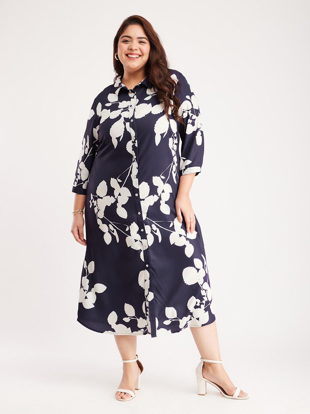FableStreet X Plus Size Floral Printed Formal Shirt Midi Dress, Navy blue