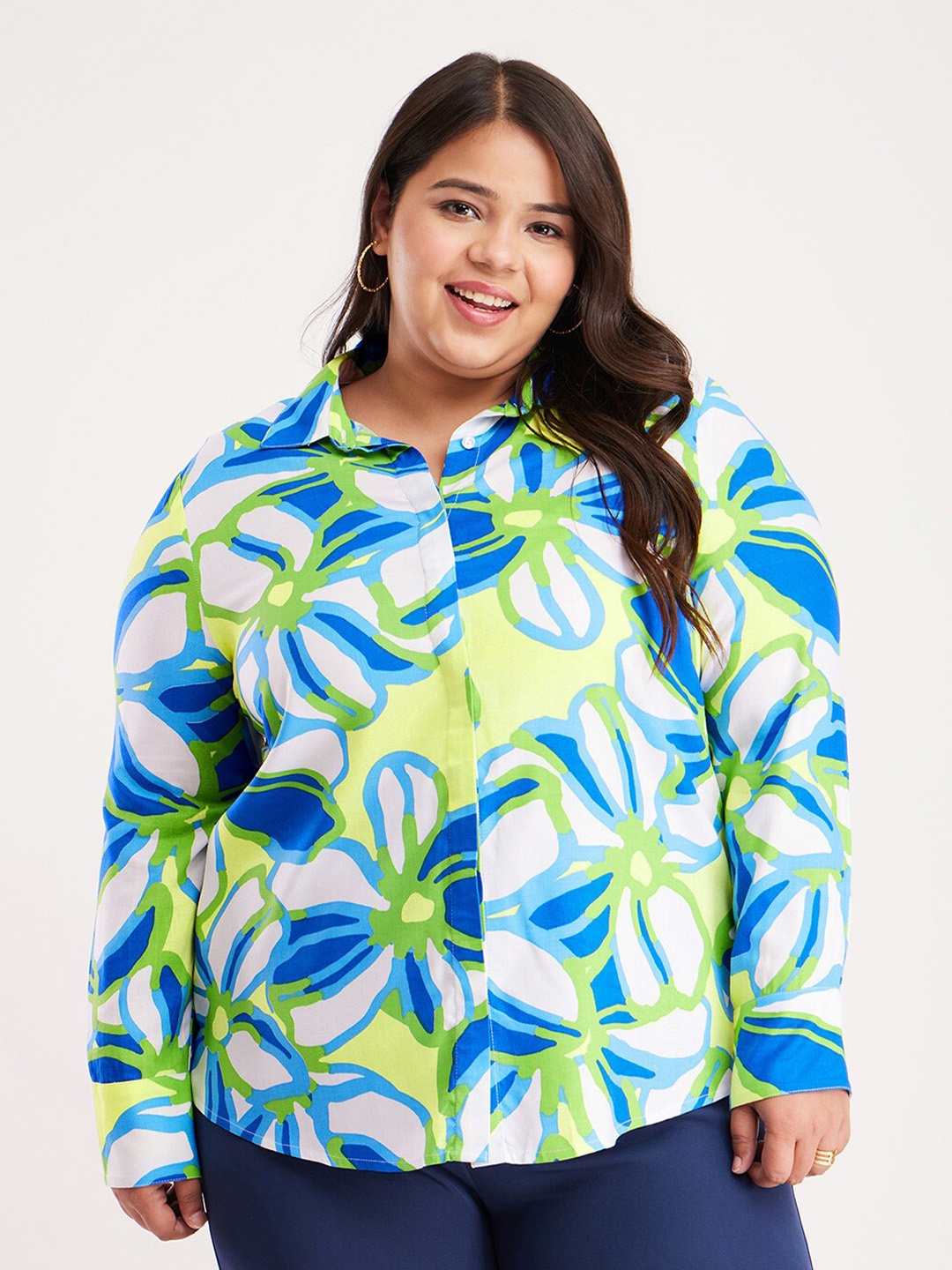 

FableStreet X Plus Size Classic Floral Printed Casual Shirt, Green
