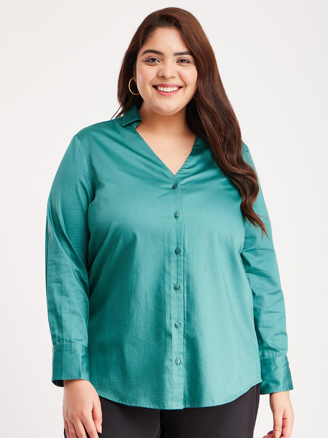 

FableStreet X Plus Size Classic Cotton Satin Casual Shirt, Teal